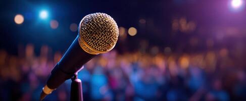 The microphone capturing the excitement of a live performance before an enthusiastic crowd. photo