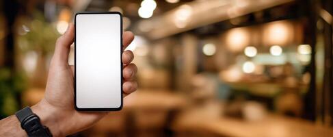 The hand holding a smartphone in a modern cafe setting with blurred background. photo