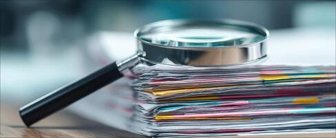 The magnifying glass examining a stack of colorful paperwork in an office setting. photo