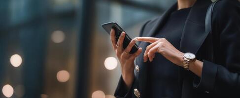 The elegant woman using her smartphone in a stylish urban setting photo