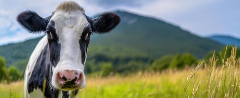 The cow standing majestically in a lush meadow with mountains in the background. photo