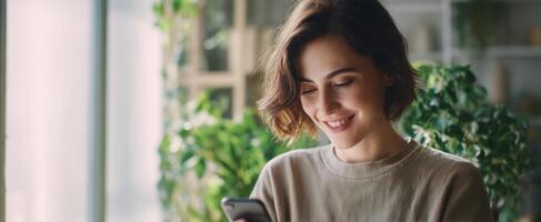 The woman smiling while enjoying her smartphone in a serene indoor setting. photo