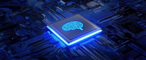 The microchip with a glowing brain symbol on a circuit board. photo