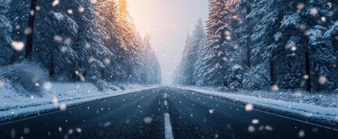 The tranquil snowy road surrounded by serene winter forest landscape. photo