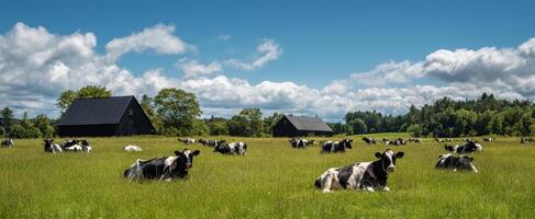 The peaceful herd of cows grazing in a sunny green pasture. photo