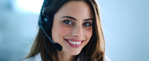 The cheerful woman with a headset representing customer service excellence. photo
