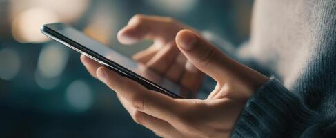 The individual interacting with a smartphone in a relaxed indoor setting. photo