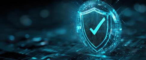 The shield symbolizes digital security and trust in technology integration. photo