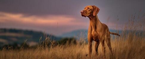 The majestic dog standing proud against a beautiful sunset background. photo