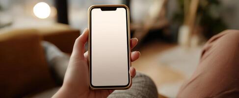 The smartphone held in a hand against a cozy indoor backdrop photo