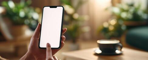 The smartphone held in a person's hand with a blank screen. photo