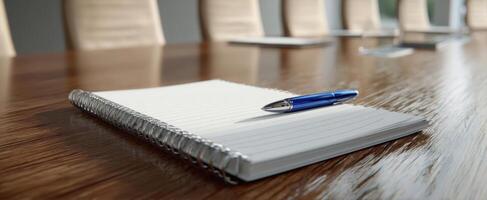 The notebook and pen placed elegantly on a conference table. photo