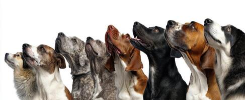 The group of dogs looking up with curious expressions and attentive posture. photo