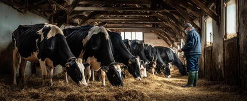 The farmer oversees dairy cows in a rustic barn setting. photo