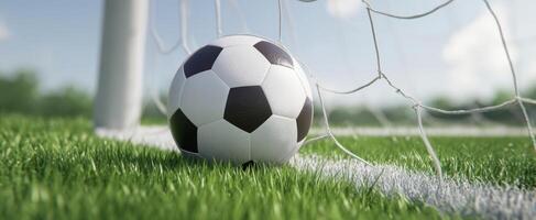 The soccer ball nestled in the net on a sunny day. photo