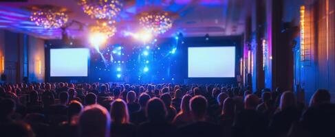The vibrant audience captivated by a dynamic stage presentation in a modern venue. photo