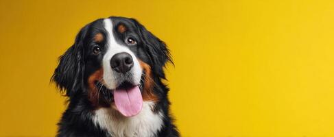 The cheerful Bernese Mountain Dog with an inviting expression against a vibrant yellow backdrop. photo