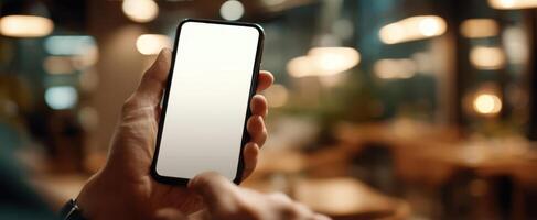 The modern smartphone held in a hand against a stylish cafe background photo