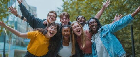 The joyful group of friends celebrating together in a sunny urban setting. photo