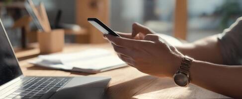 The stylish smartphone at a cozy modern workspace. photo
