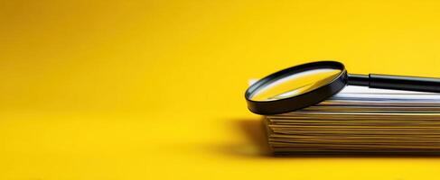 The magnifying glass resting on a stack of documents against a yellow background. photo