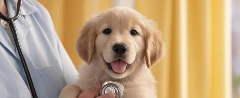 The cute golden retriever puppy in a veterinarian's caring arms. photo