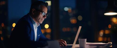 The businessman working late at night with a laptop in a city office. photo