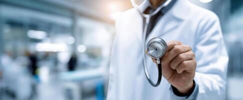 The Doctor Holding a Stethoscope in a Modern Healthcare Environment photo