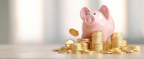 The piggy bank surrounded by golden coins symbolizing savings and financial growth. photo