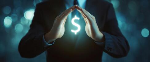 The hands protecting a glowing dollar symbol in a corporate setting. photo