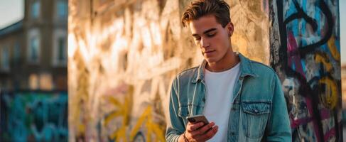 The young man checking his smartphone against a vibrant graffiti backdrop. photo