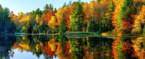 The vibrant autumn landscape reflecting in a tranquil river surrounded by colorful trees. photo