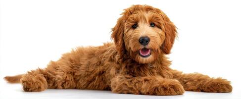 The adorable golden puppy lying comfortably and looking playfully at the camera. photo