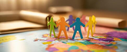 The colorful paper figures representing unity on a world map. photo