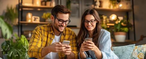 The couple enjoying their time together while using smartphones at home. photo