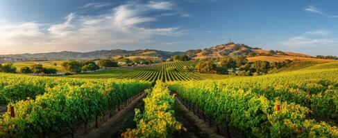 The stunning vineyard landscape under a clear blue sky at sunset. photo
