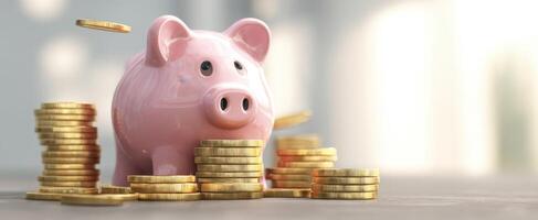 The pink piggy bank surrounded by stacks of gold coins and savings. photo