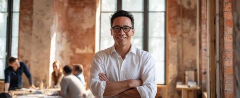 The confident businessman smiling in a modern collaborative office space. photo