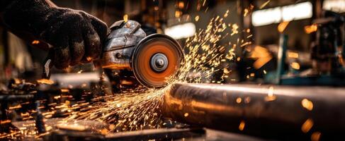 The dynamic action of a worker grinding metal in a workshop setting. photo