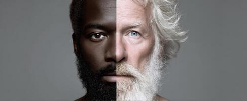 The striking contrast of diverse faces representing age and ethnicity. photo