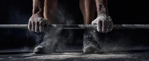The intense moment of an athlete lifting a barbell in a gym setting photo