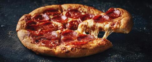 The delicious pepperoni pizza with melted cheese and crispy crust. photo