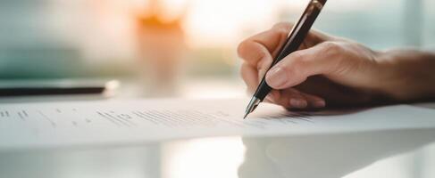 The hand signing a document with a pen in a modern workspace. photo