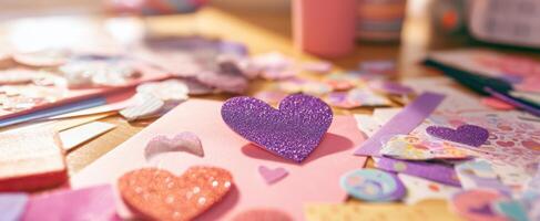 The colorful hearts and crafting materials arranged on a creative workspace. photo