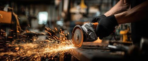 The powerful angle grinder creating sparks in a busy workshop environment. photo