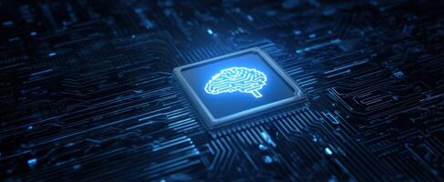 The glowing brain design on a microchip in a digital circuit environment. photo