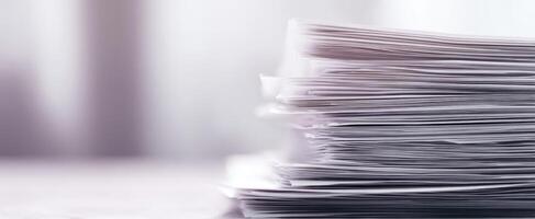 The focused stack of paperwork on a desk in a minimalist office environment. photo