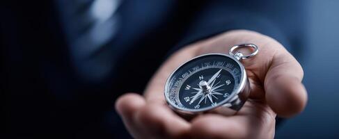 The Compass in a Businessman's Hand Symbolizing Direction and Leadership photo