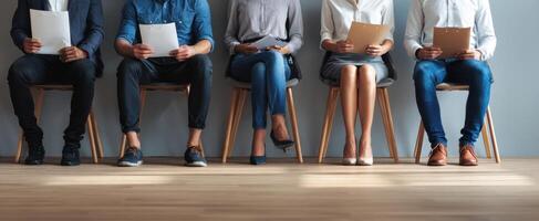 The group of candidates preparing for a job interview in a modern setting. photo
