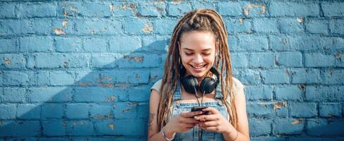 The cheerful girl enjoying music on her smartphone against a blue wall. photo